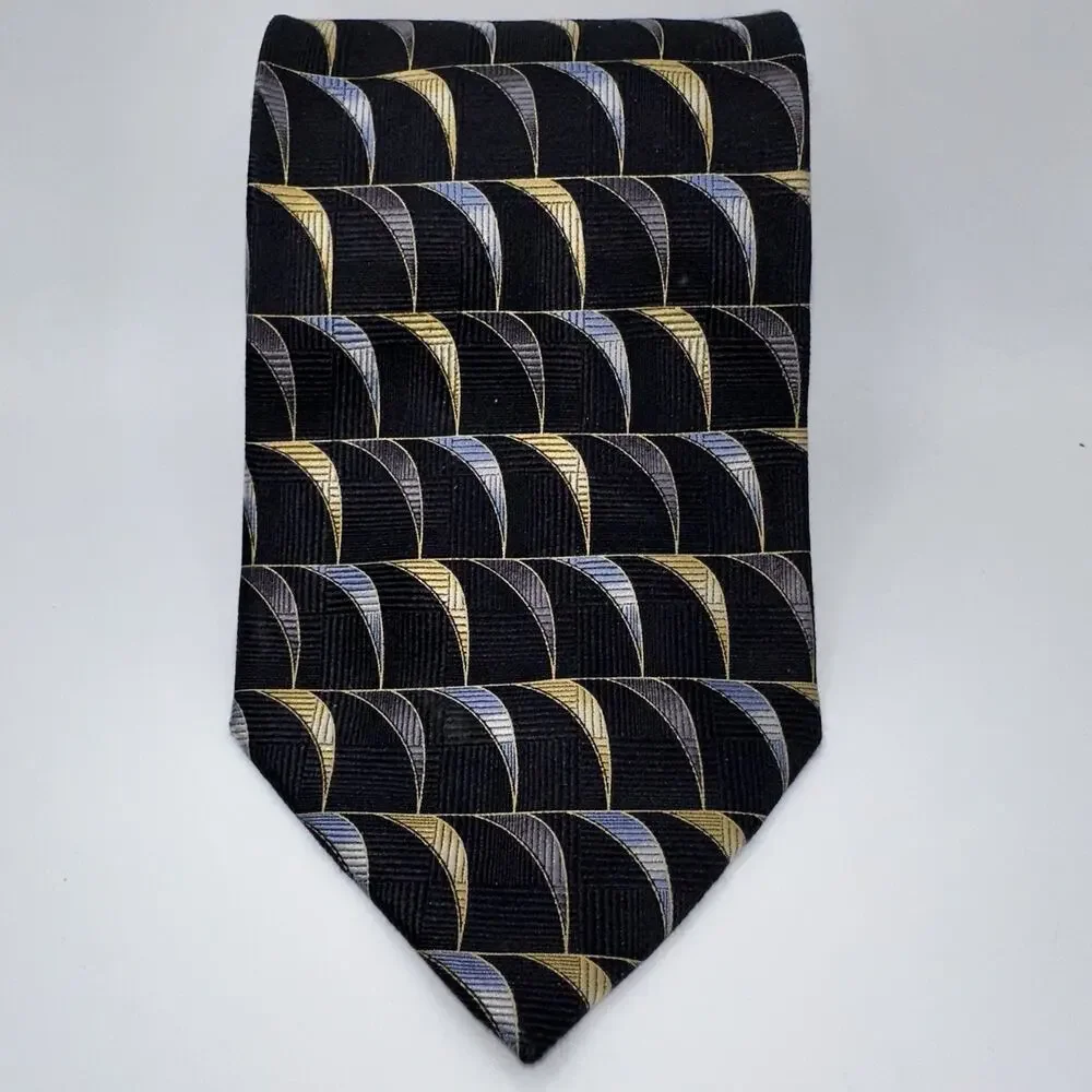 Fabio Fazio‎ Silk Tie 59” 4” Wide Black Gold Blue Geometric Handmade